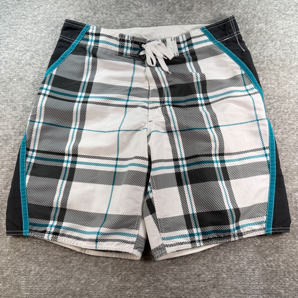 Joe Boxer Board Shorts Plaid Polyester Size M White Black Teal Surf Skater